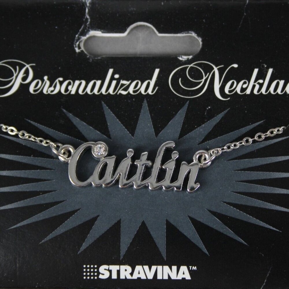 CAITLIN Name Silvertone Rhinestone 14.5" w 4.5" Multi Ring Extender Necklace